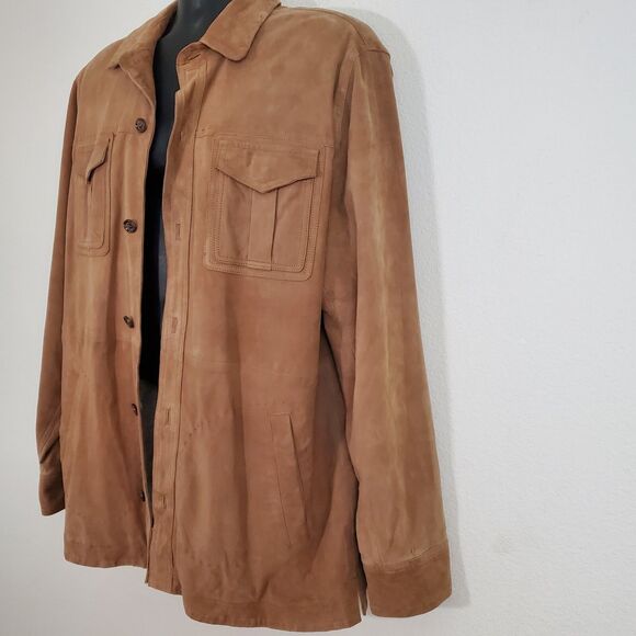 Tasso Elba Men's Jacket Large Brown Suede Leather Shacket Casual Preppy Academia - Picture 6 of 11